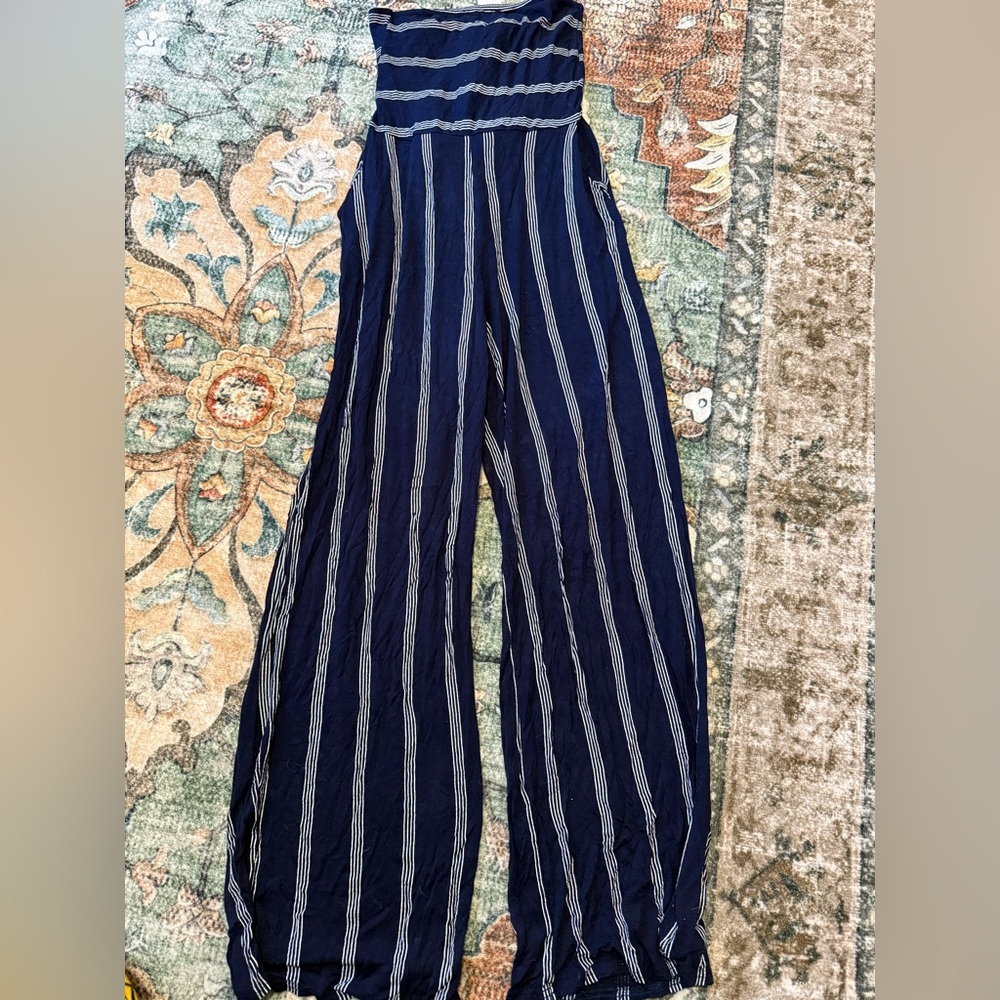 Strapless Boohoo Navy and White Striped Jumpsuit
